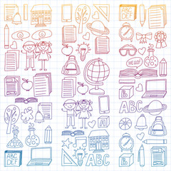 Vector set of secondary school icons in doodle style. Painted, colorful, gradient, on a sheet of checkered paper on a white background.