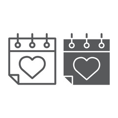 Valentines day calendar line and glyph icon, february and celebration, love calendar sign, vector graphics, a linear pattern on a white background.