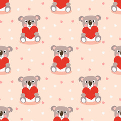 Cute koala and red heart seamless pattern.