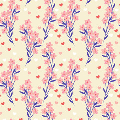 Sweet pink flowers and tiny heart background.