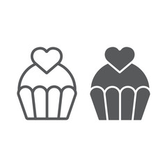 Love cake line and glyph icon, sweet and muffin, cupcake with heart sign, vector graphics, a linear pattern on a white background.