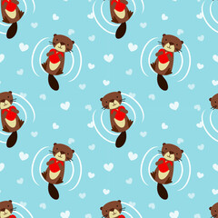 Cute beaver hold a heart seamless pattern.