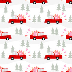 Materiał do szycia Car is carrying hearts on Valentine's day seamless pattern.