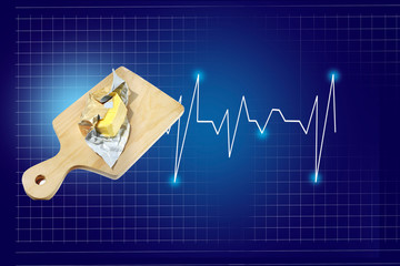 Butter on a wooden board with a heart beat rate chart info, isolated on blue background with...