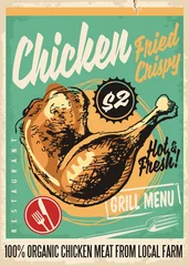 Knusprig gebratene Hähnchenschenkel Retro-Restaurant-Menü-Design mit künstlerischer Handzeichnung. Vintage-Poster für Diner, Snackbar oder Fast-Food-Restaurant mit gegrilltem Hühnerfleisch. © lukeruk