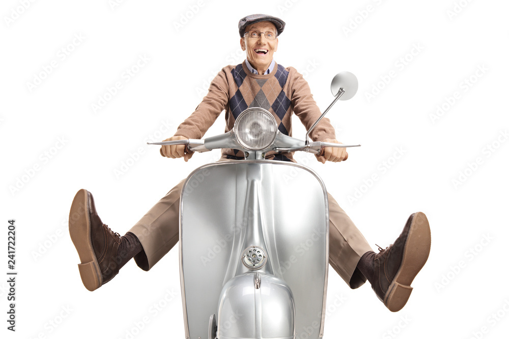 Poster Cheerful senior man on a vintage motorbike with his legs up