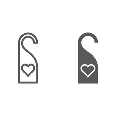Door hanger with heart line and glyph icon, label and love, do not disturb sign, vector graphics, a linear pattern on a white background.