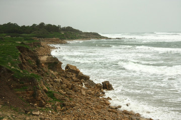 The coast of the Mediterranean Sea erodes ancient ruins