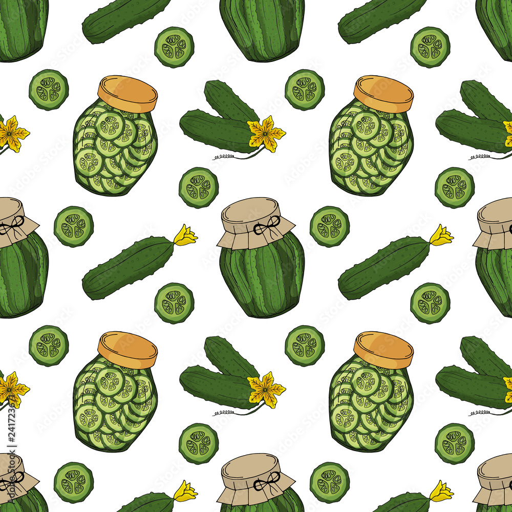 Poster seamless pattern made from different objects. glass jars with home made cucumbers. hand drawn endles