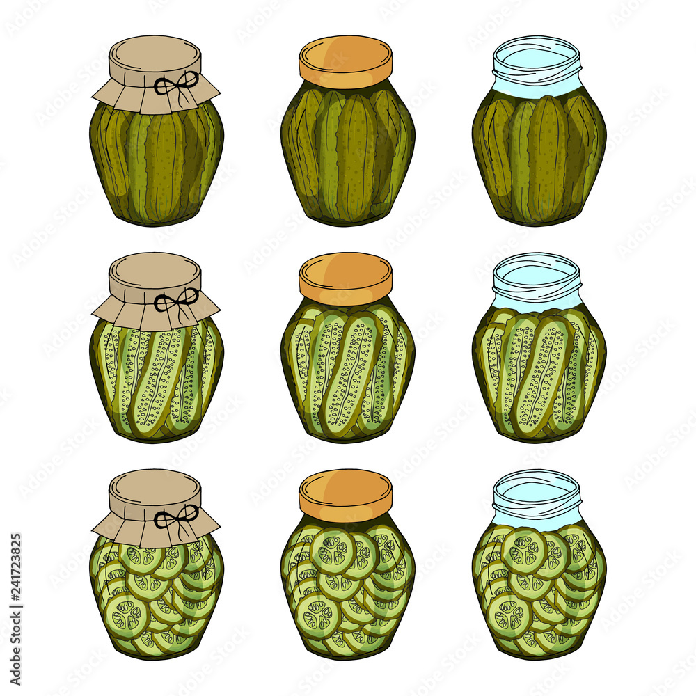 Poster big collection of different glass jars with home made cucumbers. hand drawn objects isolated. vector