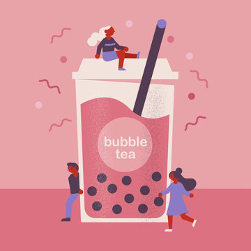 Flat Vector Bubble Tea Concept With Cute People Characters.