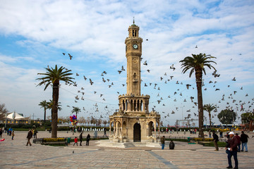 Fototapeta na wymiar Izmir / Turkey, 20 December 2018, Izmir Old Clock Tower, Konak Square