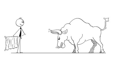 Cartoon stick man drawing conceptual illustration of businessman bullfighter or matador provoking big bull as rising market prices symbol with red cloth or muleta.