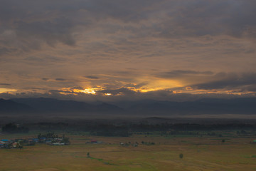 Sunrise with twilight from Nan province, Thailand. Sky, mountain soft and blur background.