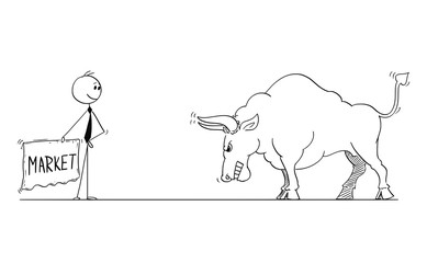 Fototapeta na wymiar Cartoon stick man drawing conceptual illustration of businessman bullfighter or matador provoking big bull as rising market prices symbol with red cloth or muleta.