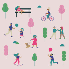 Fototapeta premium Spring or summer outdoor concept with flat vector people walking and relaxing on nature.