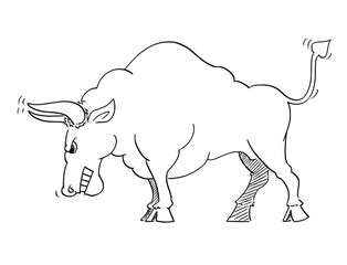 Cartoon drawing conceptual illustration of angry bull as symbols of rising market prices.