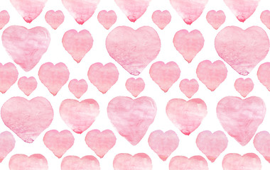 Watercolor pink hearts on white background. Hand made seamless pattern