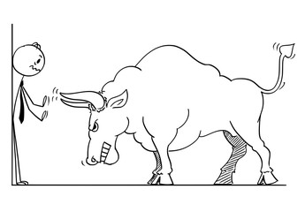 Cartoon stick man drawing conceptual illustration of businessman pushed into corner by big angry bull as rising market prices symbol.