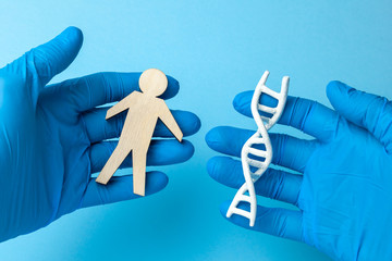 DNA helix research. Concept of genetic experiments on human biological code DNA. The scientist is...