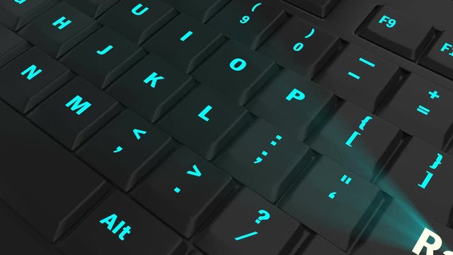pointing the camera on blue glowing Raise key on black computer keyboard