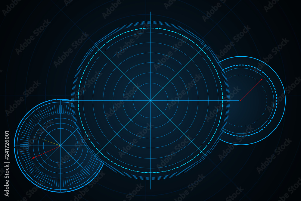 Wall mural digital blue vector radar with targets on monitor in searching. futuristic interface hud design. mil