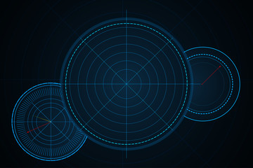 Obraz premium Digital blue vector radar with targets on monitor in searching. Futuristic interface hud design. Military search system. Vector illustration.