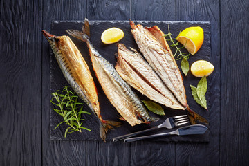 close-up of smoked mackerel, top view - obrazy, fototapety, plakaty