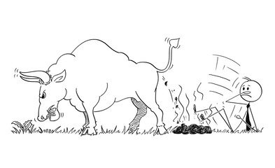 Cartoon stick man drawing conceptual illustration of businessman slipped on dung or excrement of bull as rising market prices symbol.