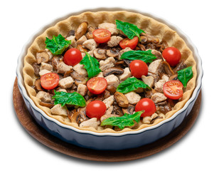 Traditional quiche tart in baking form with filling