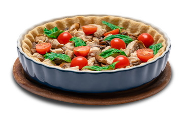 Traditional quiche tart in baking form with filling