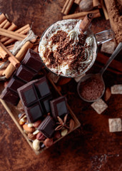 Cocoa with cream, cinnamon, chocolate pieces and various spices.