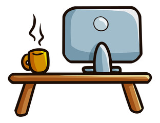 Cute and funny personal computer with cup of coffee on the table - vector