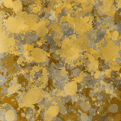 Isolated artistic gold watercolor and ink paint splatter textures and decorative elements on white paper background.