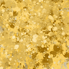 Isolated artistic gold watercolor and ink paint splatter textures and decorative elements on white paper background.
