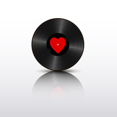 Realistic Black Vinyl Record with red heart label and mirror reflection. Retro Sound Carrier isolated on white background
