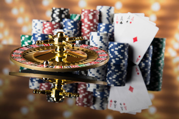 Casino roulette, running in a motion, Poker Chips
