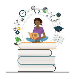 Cartoon girl teen sitting on books and read book