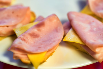 Close up sandwiches with ham and cheese on white plate