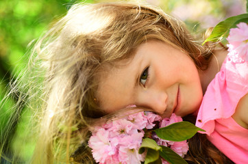 Summer day. Small child. Natural beauty. Childrens day. Springtime. weather forecast. Summer girl fashion. Happy childhood. Little girl in sunny spring. face and skincare. allergy to flowers