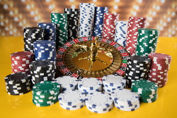 Casino roulette, running in a motion, Poker Chips