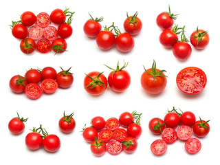 Tomatoes collection of whole and sliced isolated on white background. Tasty and healthy food. Flat lay, top view
