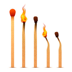 Realistic matches with fire flames on different burning stages