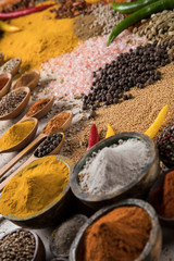 Assortment of spices in wooden bowl background