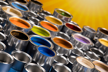 Collection of colored paints cans