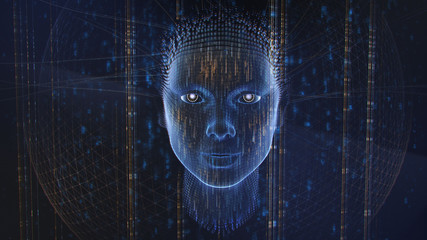 Artificial Intelligence Concept: Portrait of Female Face Forming From Abstract Information Symbols. 3D Illustration. Dark Black and Blue Colors.