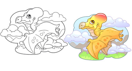 cartoon little cute dinosaur pterodactyl, funny illustration