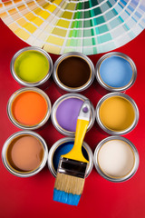 Brush, Paint cans palette, red background
