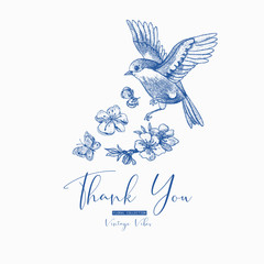 Vector spring greeting card, blue blooming branches of cherry, bird