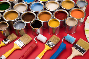 Brush, Paint cans palette, red background